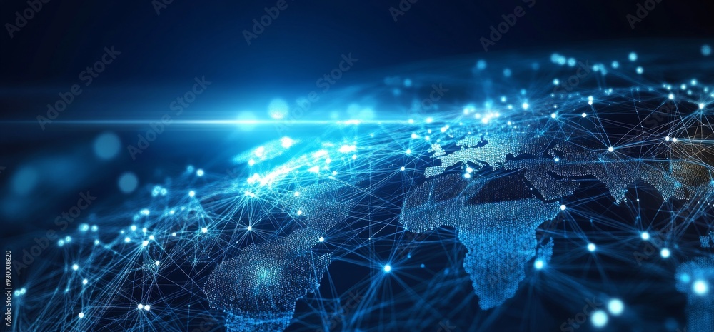 Abstract blue background with glowing network connections and a global world map, ideal for internet of things or digital connection concepts, featuring ample copy space and high-resolution profession Abstract blue background with glowing network connections and a global world map, ideal for internet of things or digital connection concepts, featuring ample copy space and high-resolution profession