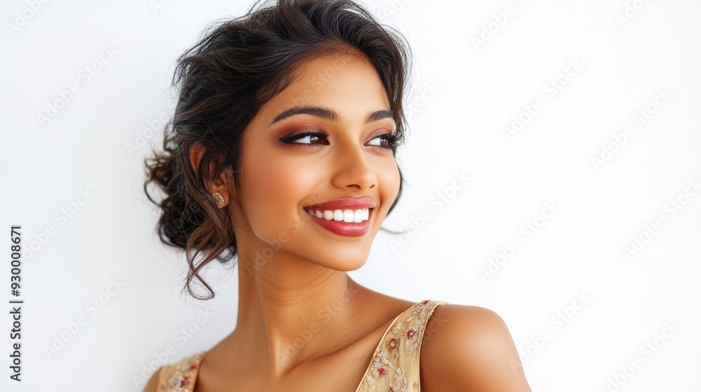 smiling Indian woman exudes confidence in a casual tank top, t-shirt and bikini style, set against a bright, airy white background, perfect for summer themed visuals. smiling Indian woman exudes confidence in a casual tank top, t-shirt and bikini style, set against a bright, airy white background, perfect for summer themed visuals.