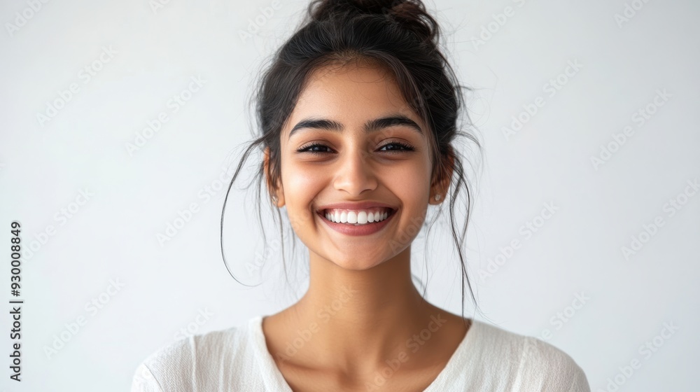 smiling Indian woman exudes confidence in a casual tank top, t-shirt and bikini style, set against a bright, airy white background, perfect for summer themed visuals. smiling Indian woman exudes confidence in a casual tank top, t-shirt and bikini style, set against a bright, airy white background, perfect for summer themed visuals.