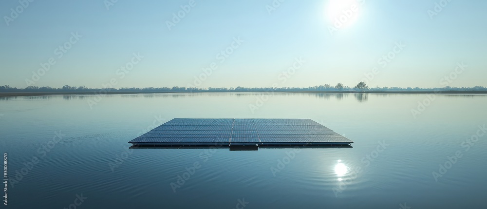 A drone view of a floating solar farm on a calm lake, A drone view of a floating solar farm on a calm lake,