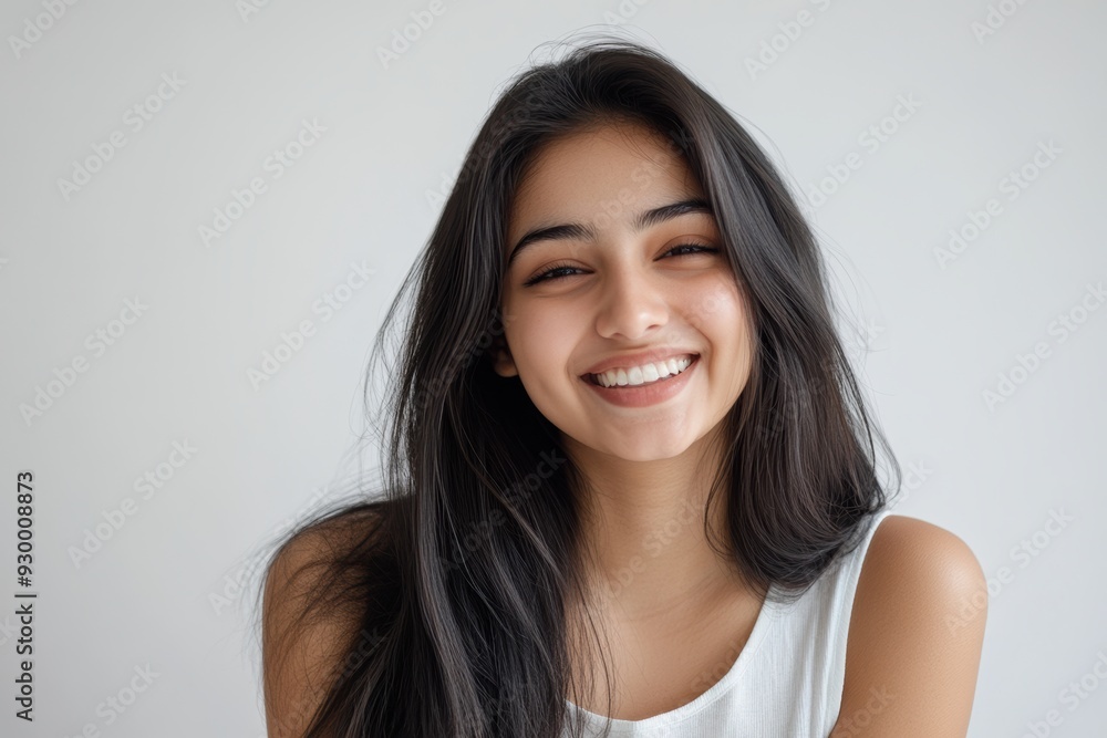 smiling Indian woman exudes confidence in a casual tank top, t-shirt and bikini style, set against a bright, airy white background, perfect for summer themed visuals. smiling Indian woman exudes confidence in a casual tank top, t-shirt and bikini style, set against a bright, airy white background, perfect for summer themed visuals.