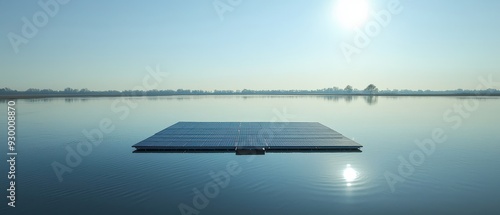 A drone view of a floating solar farm on a calm lake,