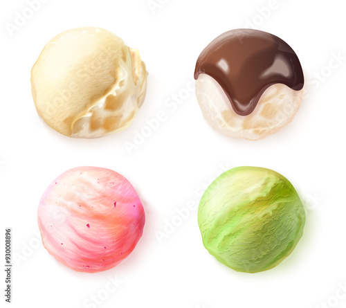 Realistic ice cream balls. Homemade Icecream ball chocolate splash, vanilla strawberry caramel flavors frozen milk scoop sphere, 3d sorbet sundae gelato exact vector illustration