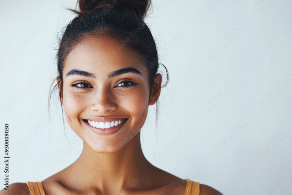 smiling Indian woman exudes confidence in a casual tank top, t-shirt and bikini style, set against a bright, airy white background, perfect for summer themed visuals. smiling Indian woman exudes confidence in a casual tank top, t-shirt and bikini style, set against a bright, airy white background, perfect for summer themed visuals.