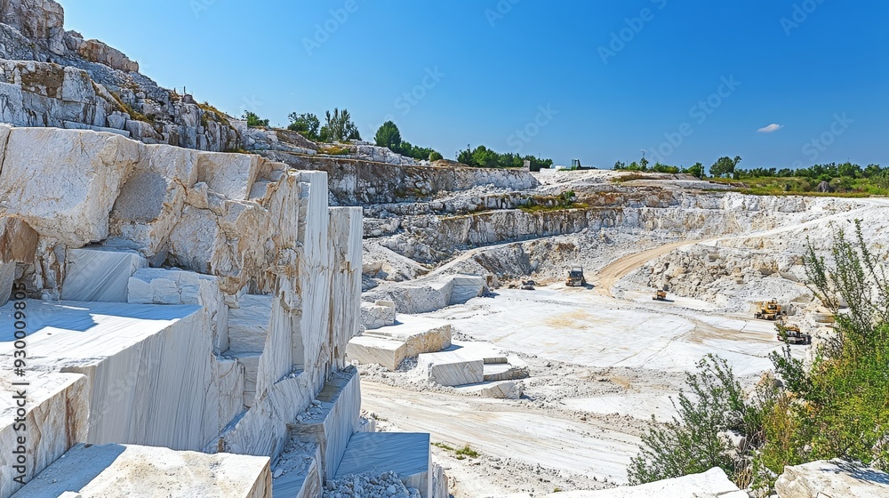 There is a picturesque limestone quarry set beneath a clear blue sky There is a picturesque limestone quarry set beneath a clear blue sky
