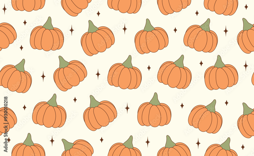 Funny Halloween seamless pattern in trendy groovy retro 70s style. Y2k collection. Cute Pumpkin. Retro y2k style. Fun pumpkin cartoon character. Vector illustration. Funny Halloween seamless pattern in trendy groovy retro 70s style. Y2k collection. Cute Pumpkin. Retro y2k style. Fun pumpkin cartoon character. Vector illustration.