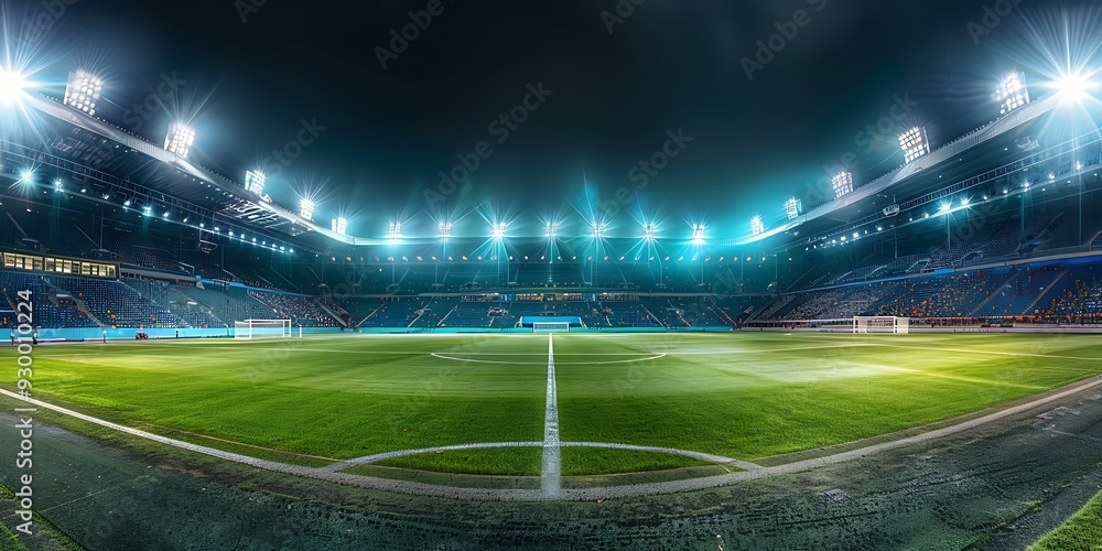 A brightly lit football stadium at night, panoramic shot capturing the vibrant atmosphere. A brightly lit football stadium at night, panoramic shot capturing the vibrant atmosphere.