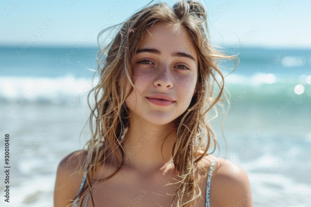 Beautiful young woman smiling on beach with ocean in background Beautiful young woman smiling on beach with ocean in background
