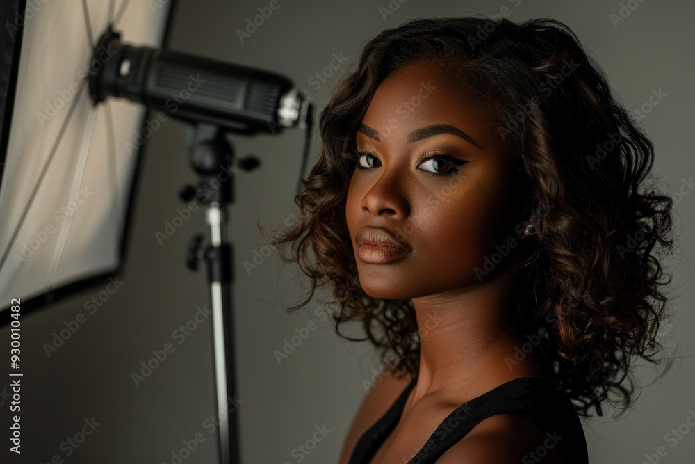 Model posing under studio lighting during photoshoot Model posing under studio lighting during photoshoot