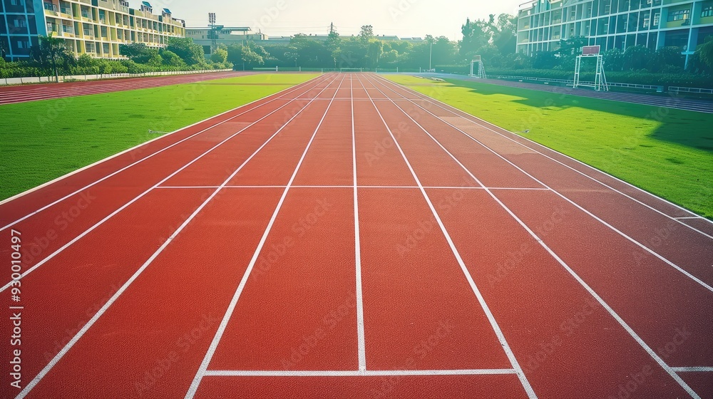 Fototapeta premium A red running track with white lines, surrounded by green grass and the stands of an outdoor sports stadium. taken from an elevated position. Generative AI.