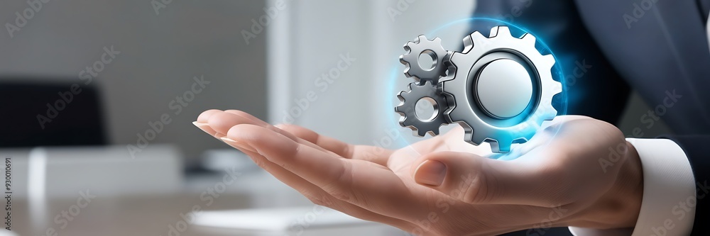 Businessman holding blue mechanical gear. The concept of a business idea. Teamwork, strategy, cooperation, creativity Businessman holding blue mechanical gear. The concept of a business idea. Teamwork, strategy, cooperation, creativity