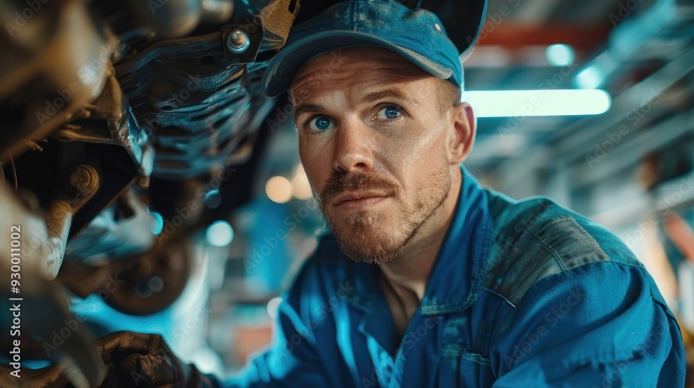 photograph of Car mechanic worker wearing a blue uniform and a cap, standing under the car in a modern garage room, and repairing or fixing automobile vehicle parts. Technician service and maintenance photograph of Car mechanic worker wearing a blue uniform and a cap, standing under the car in a modern garage room, and repairing or fixing automobile vehicle parts. Technician service and maintenance