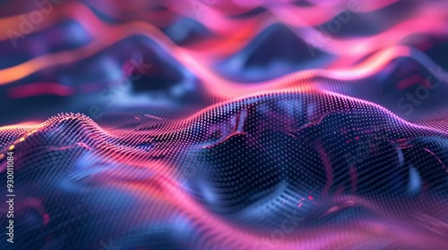 Close-up of vibrant sound wave rhythm surface in abstract digital art - textured waveform pattern with dynamic frequency and amplitude representations, ideal for music, audio technology, and creative  photo