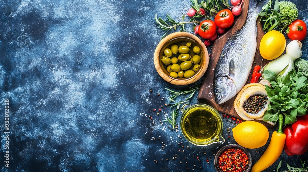 Top view banner of raw seabass and cooking ingredients Top view banner of raw seabass and cooking ingredients