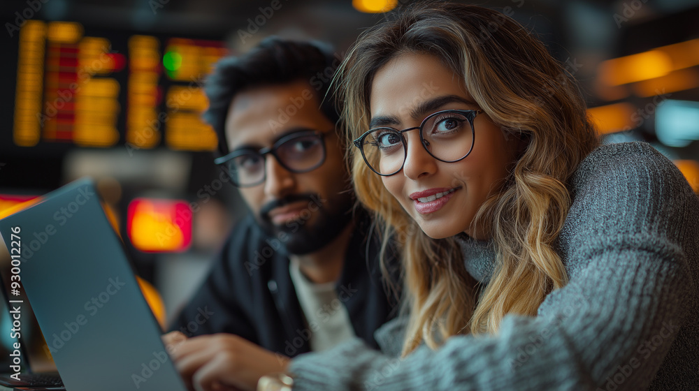 A man and a woman are sitting at a table with a laptop open. The woman is wearing glasses and smiling. Scene is friendly and relaxed A man and a woman are sitting at a table with a laptop open. The woman is wearing glasses and smiling. Scene is friendly and relaxed