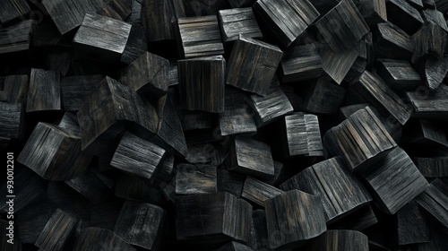 Black charcoal briquets with texture used for industrial heating.