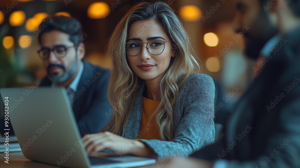 A woman is sitting at a table with a laptop in front of her. She is wearing glasses and has long hair. There are two other people in the room, one of whom is wearing a tie A woman is sitting at a table with a laptop in front of her. She is wearing glasses and has long hair. There are two other people in the room, one of whom is wearing a tie