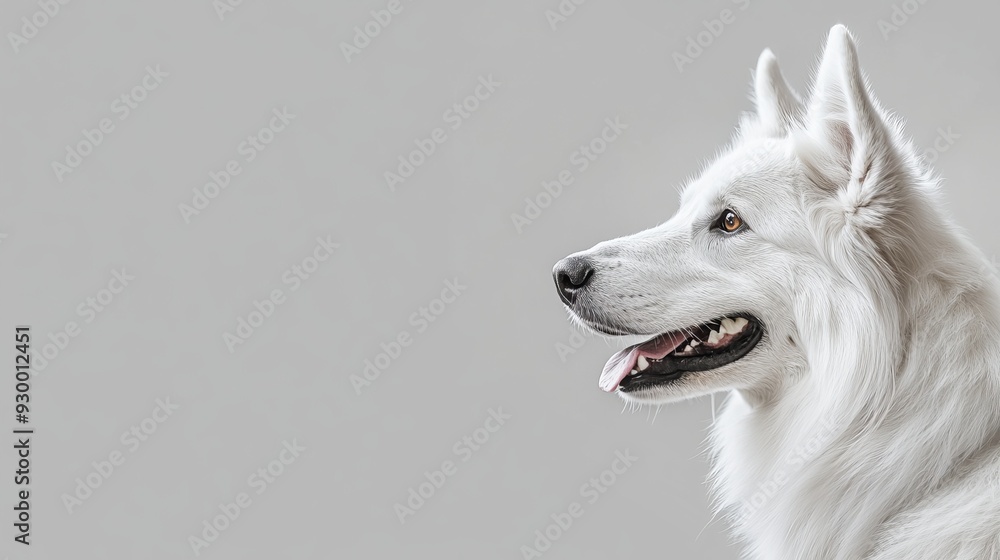 The white Swiss Shepherd dog is licking its nose in front of a white background The white Swiss Shepherd dog is licking its nose in front of a white background