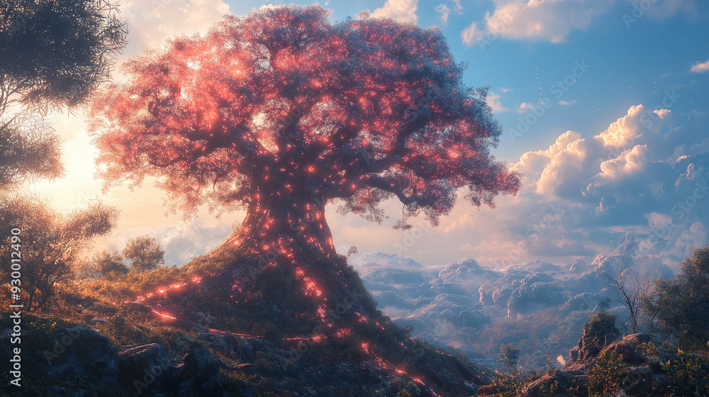 A tree with glowing leaves is surrounded by a rocky hill. The scene is serene and peaceful, with the glowing tree standing out against the natural landscape A tree with glowing leaves is surrounded by a rocky hill. The scene is serene and peaceful, with the glowing tree standing out against the natural landscape