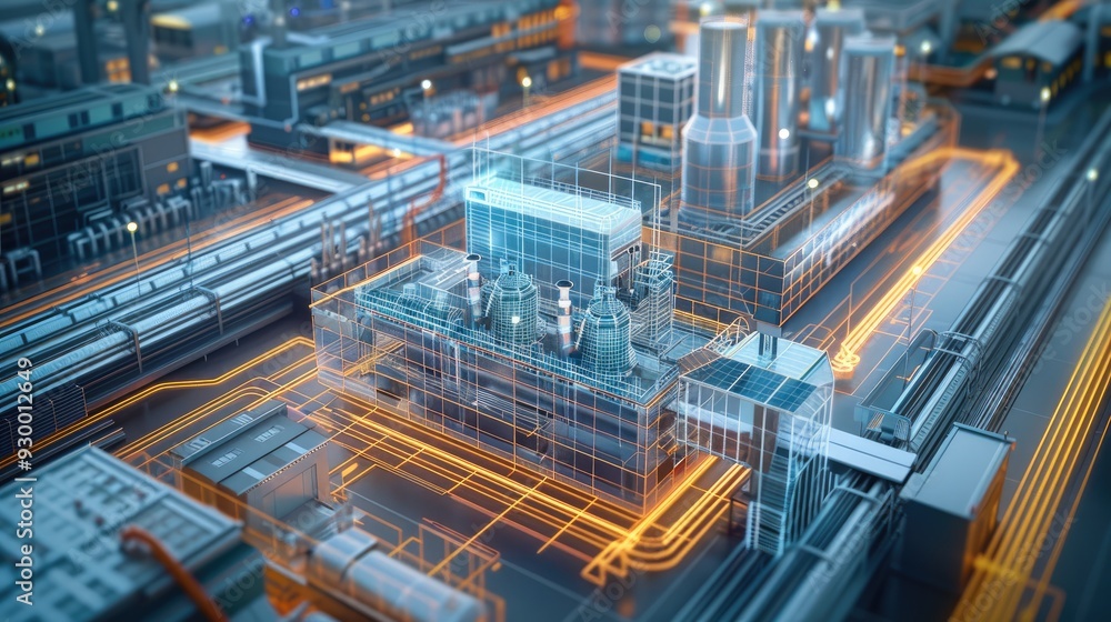 Fototapeta premium An aerial view of a digital twin of a tech factory, semi transparent that can view the interior of the factory. Generative AI.