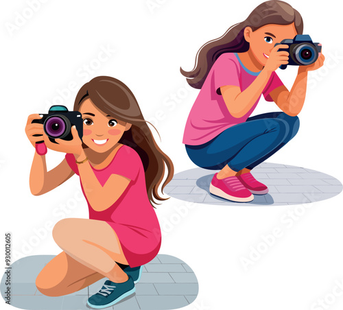 Young woman photographer taking picture crouching on the ground