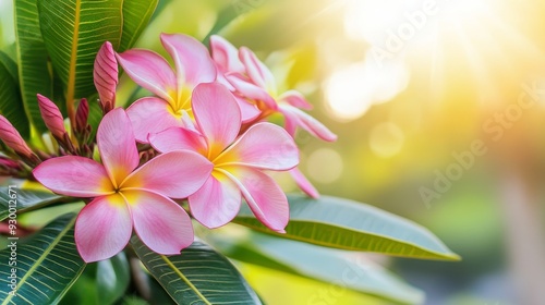 Flower Bunch on Tree with Leaves and Copy Space in Selective Focus Plumeria