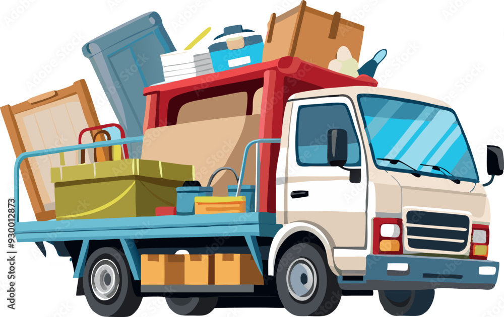 Obraz premium Small blue delivery truck full of boxes and furniture delivering-