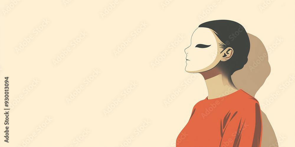 A woman anonymous poses confidently with a mask copy space A woman anonymous poses confidently with a mask copy space