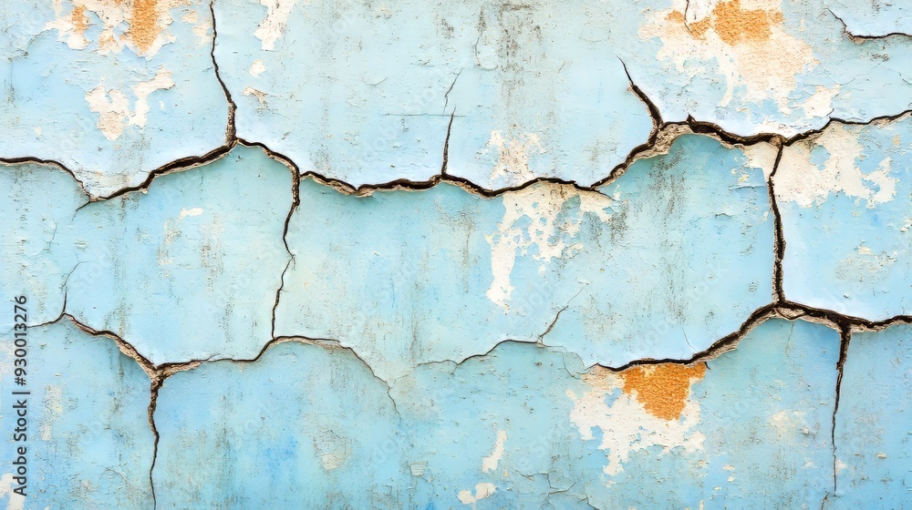 Obraz premium Authentic texture of ancient antiquity on cracked blue paint on old village house wall