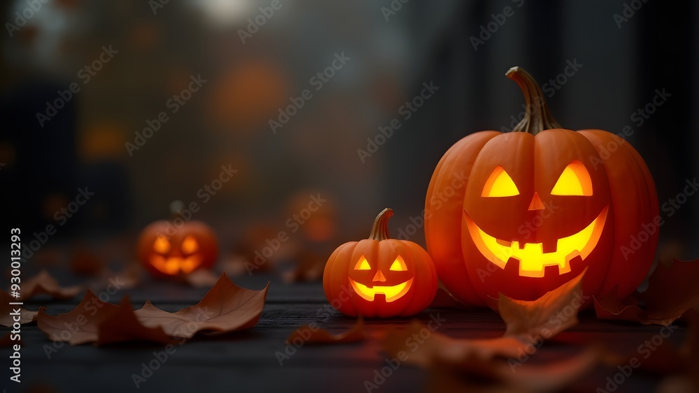 Three glowing jack-o'-lanterns surrounded by scattered autumn leaves, creating a cozy Halloween scene Three glowing jack-o'-lanterns surrounded by scattered autumn leaves, creating a cozy Halloween scene
