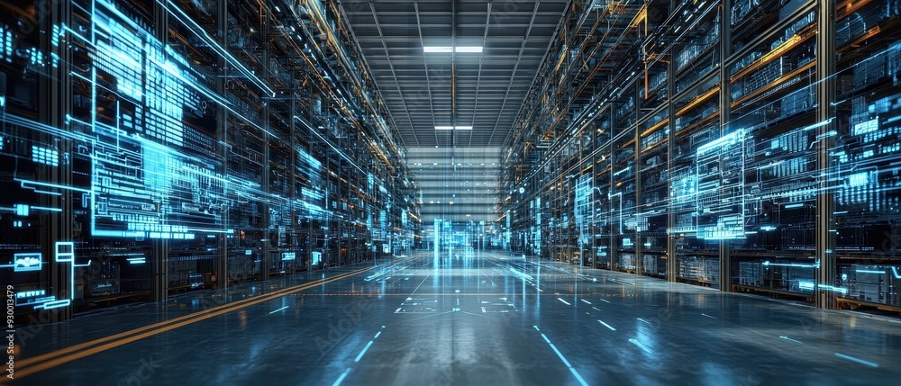 A futuristic warehouse with digital interfaces A futuristic warehouse with digital interfaces