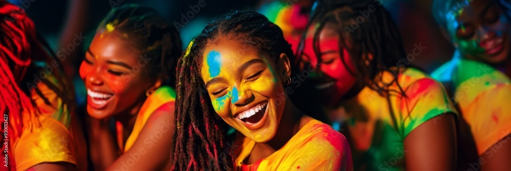 Obraz premium A man and two young women enjoy Caribbean Jouvert festivities with joyous expressions, colorful powder on their bodies, and blurry crowds in the background with vibrant colors
