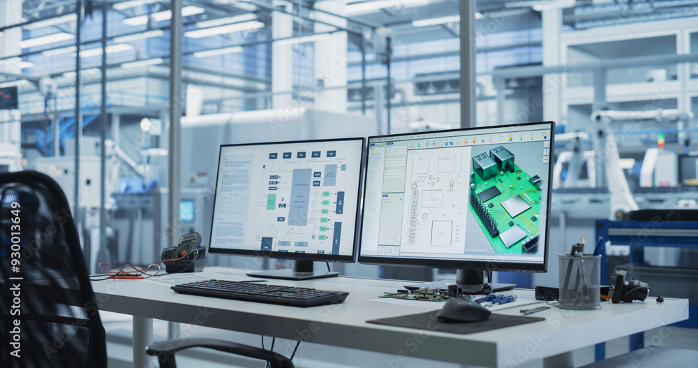 © Gorodenkoff - Empty Workplace With Computer Monitor Display with 3D CAD Software Interface with Digital Electronic Diagram of a Circuit Motherboard Being Designed. Modern Factory Engineer's Office Concept. © Gorodenkoff - Empty Workplace With Computer Monitor Display with 3D CAD Software Interface with Digital Electronic Diagram of a Circuit Motherboard Being Designed. Modern Factory Engineer's Office Concept.