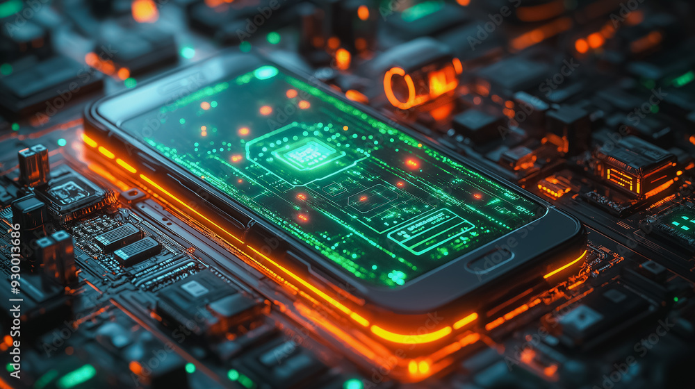 A cell phone is displayed on a circuit board with a green screen. The phone is surrounded by a variety of electronic components, including a keyboard, a speaker, and a camera A cell phone is displayed on a circuit board with a green screen. The phone is surrounded by a variety of electronic components, including a keyboard, a speaker, and a camera