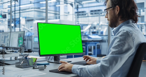 Robotics Engineer Working on a Desktop Computer with Green Screen Chromakey Mock Up Display in a Startup Factory. High Tech Technological Research and Development Company with Autonomous Assembly Line