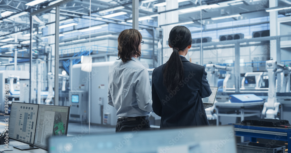 Young Caucasian Engineer and Asian Technician Having a Conversation and Using a Laptop Computer. Specialists Monitoring, Analyzing Conditions at a Modern Electronics Factory with Automated Conveyor Young Caucasian Engineer and Asian Technician Having a Conversation and Using a Laptop Computer. Specialists Monitoring, Analyzing Conditions at a Modern Electronics Factory with Automated Conveyor