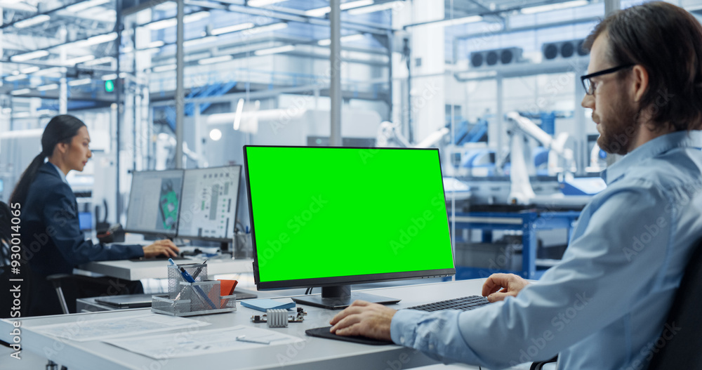 Robotics Engineer Working on a Desktop Computer with Green Screen Chromakey Mock Up Display in a Factory Office. Technological Research and Development Facility with Autonomous Assembly Conveyor Robotics Engineer Working on a Desktop Computer with Green Screen Chromakey Mock Up Display in a Factory Office. Technological Research and Development Facility with Autonomous Assembly Conveyor