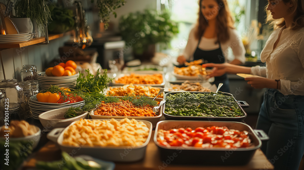 Obraz premium Two women preparing a buffet meal in a kitchen