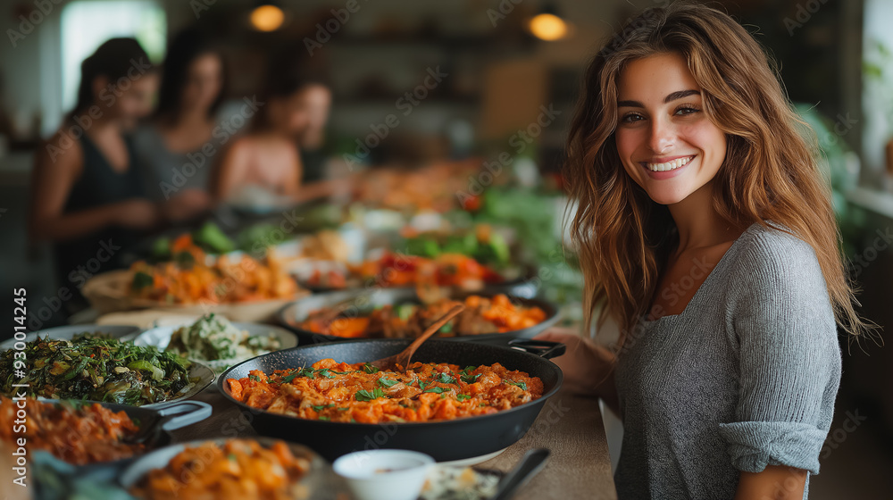 A woman is smiling and standing in front of a table full of food. She is holding a spoon and she is about to serve herself. The table is filled with various dishes, including bowls, cups, and spoons