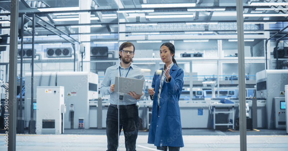 Caucasian Man and Asian Female Having a Conversation at an Industrial Facility. Advanced Factory Employees Working Together, Using Laptop Computer for Supervising Work Process in a Facility Caucasian Man and Asian Female Having a Conversation at an Industrial Facility. Advanced Factory Employees Working Together, Using Laptop Computer for Supervising Work Process in a Facility