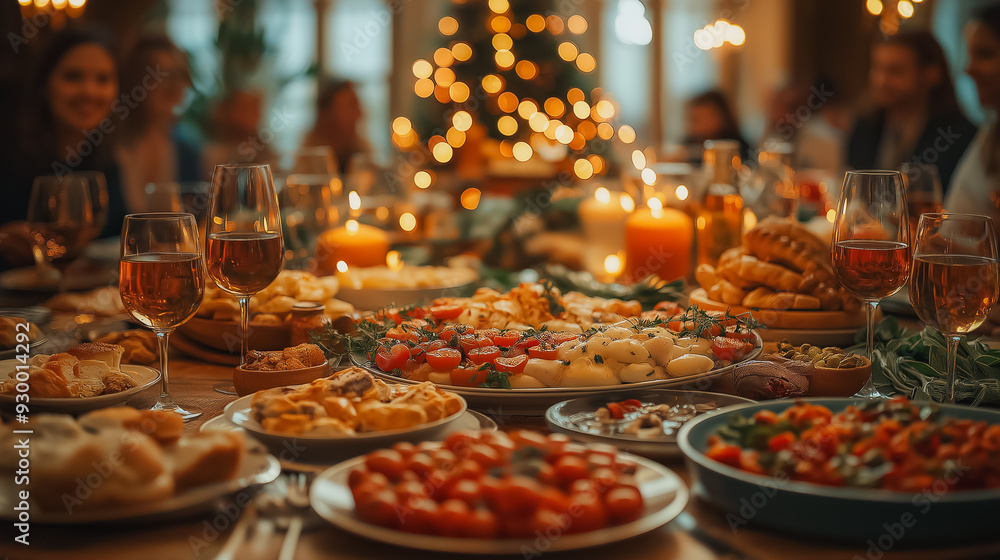A large table is set with a variety of food and drinks, including wine glasses and candles. The atmosphere is festive and inviting, with people gathered around the table to enjoy the meal together A large table is set with a variety of food and drinks, including wine glasses and candles. The atmosphere is festive and inviting, with people gathered around the table to enjoy the meal together