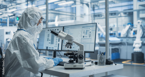 Research Factory Cleanroom: Engineer Wearing Coveralls, Gloves and Goggles while Using Microscope to Inspect a Microchip. Scientist Developing Advanced Electronics Component for the Precision Industry