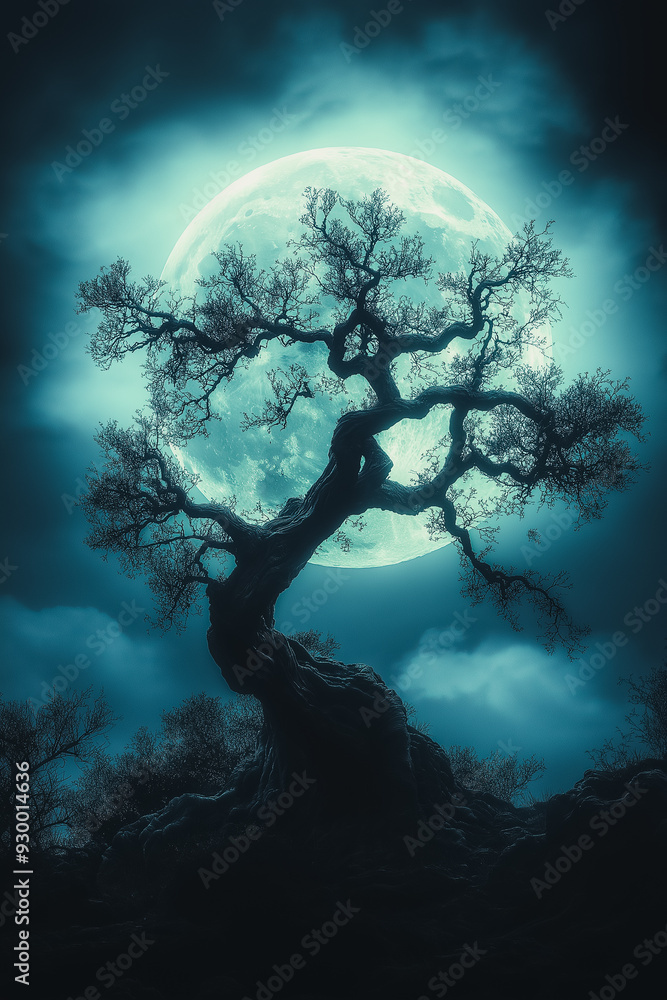 A tree is silhouetted against a blue sky with a large full moon A tree is silhouetted against a blue sky with a large full moon