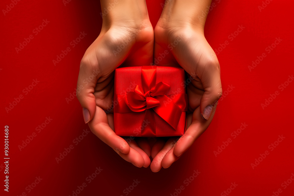 Fototapeta premium Female hands holding small red gift box with red bow on red background with copy space.
