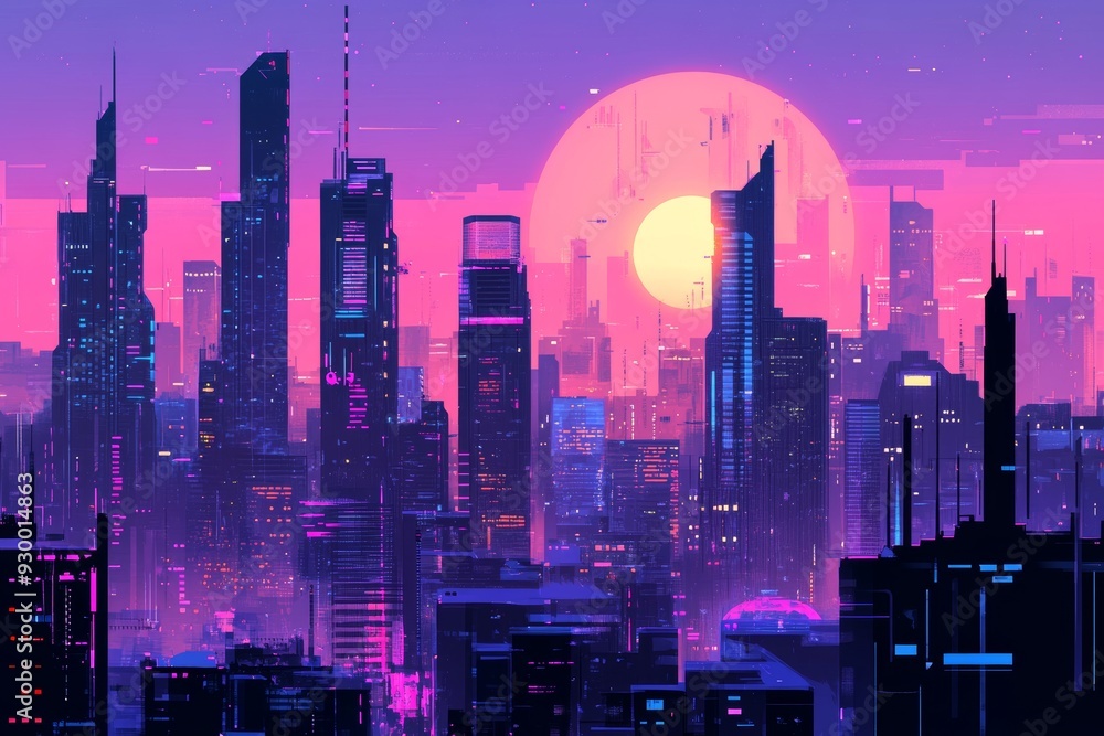Fototapeta premium The city skyline close to the sea during the day, at night, at sunset, and at dawn. Animation for a video game or postcard.