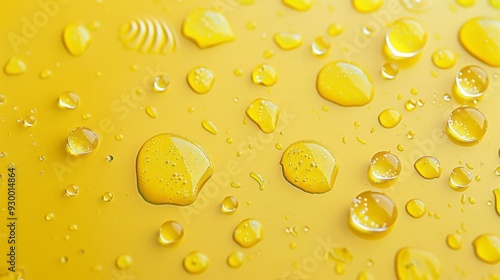 Close-up of fresh water drops on bright yellow surface, abstract background with vibrant color contrast and detailed texture, perfect for nature-themed designs, creative projects, and refreshing visua photo