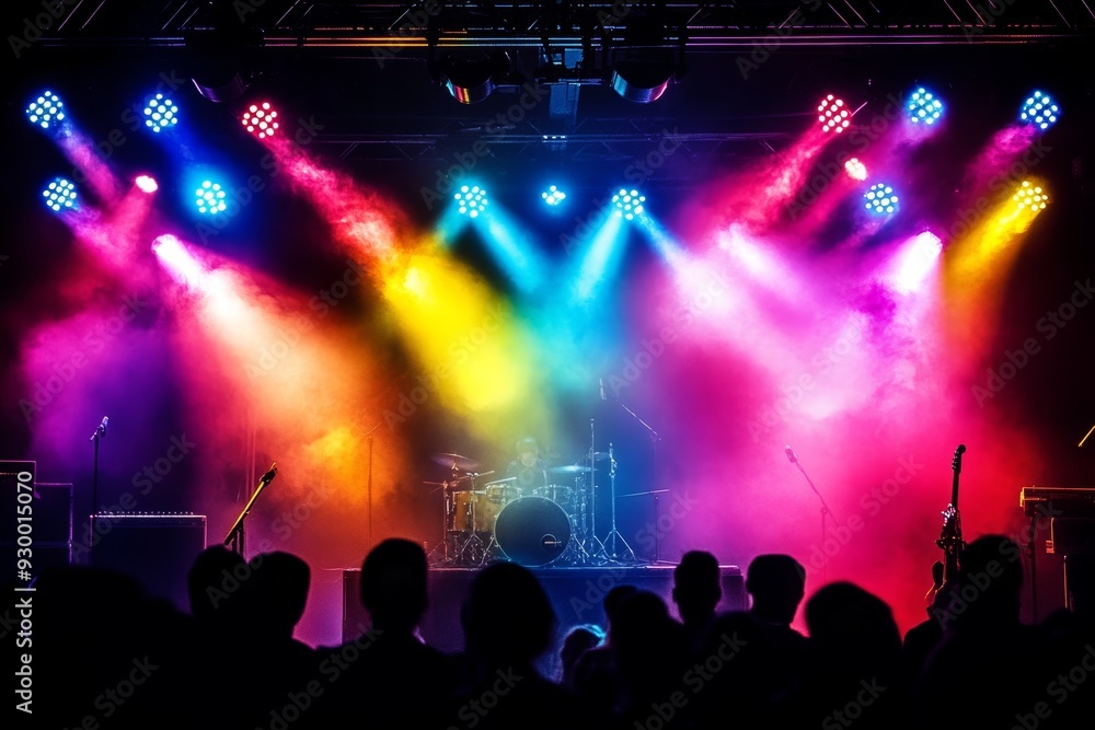 An indoor theater setting with a concert, a stage illuminated with colored spotlights, and smoke. An indoor theater setting with a concert, a stage illuminated with colored spotlights, and smoke.