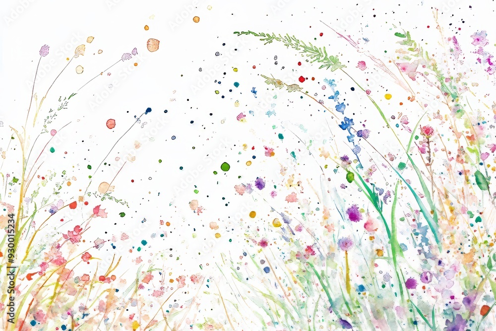 Fototapeta premium Summer meadow with adorable watercolor flowers on white background. Suitable for cards, borders, banners, and other designs.