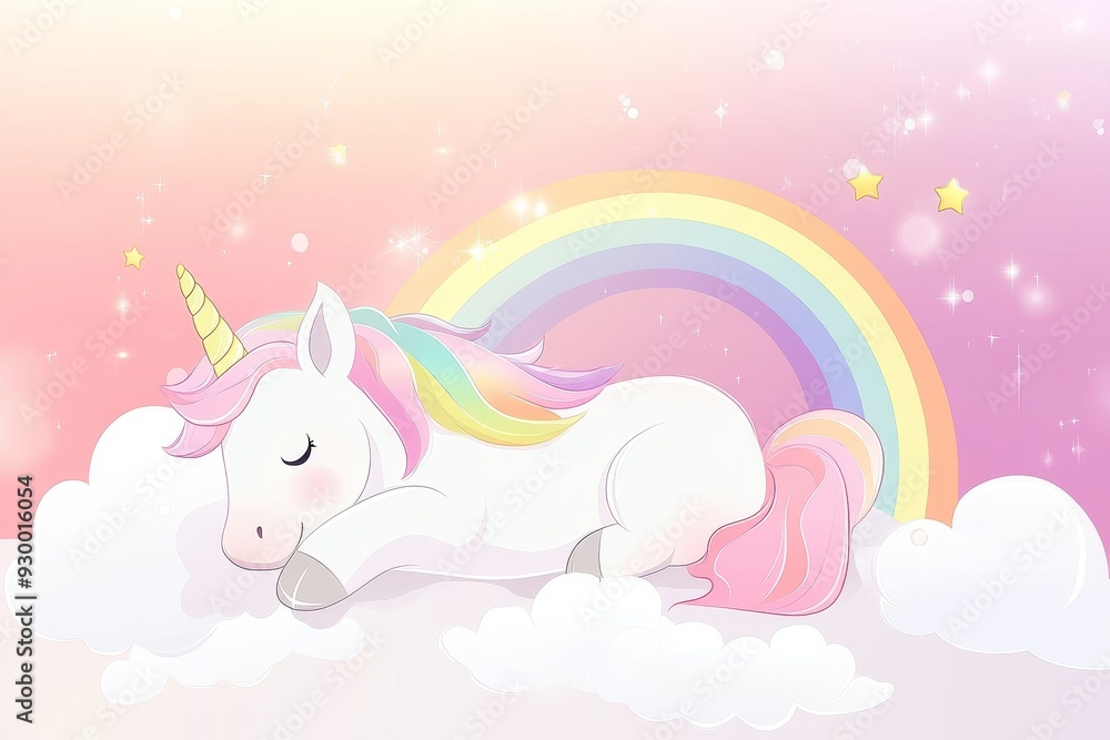 Obraz premium Stock image: Unicorn resting on a fluffy cloud with a vibrant rainbow behind it.