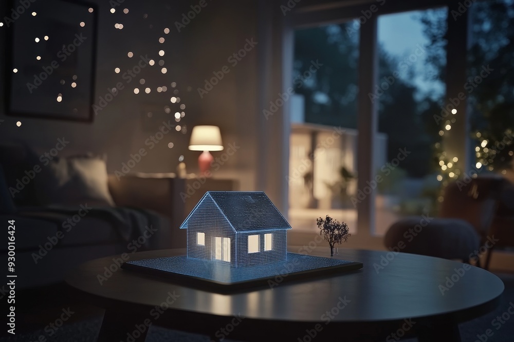 A tablet shows a miniature model of a house filled with icons representing different electronic devices. These electronic devices are wirelessly connected, making smart homes possible A tablet shows a miniature model of a house filled with icons representing different electronic devices. These electronic devices are wirelessly connected, making smart homes possible